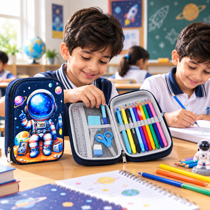 Astronaut Pencil Pouch for Kids | Space Theme Multi-Compartment Stationery Organizer