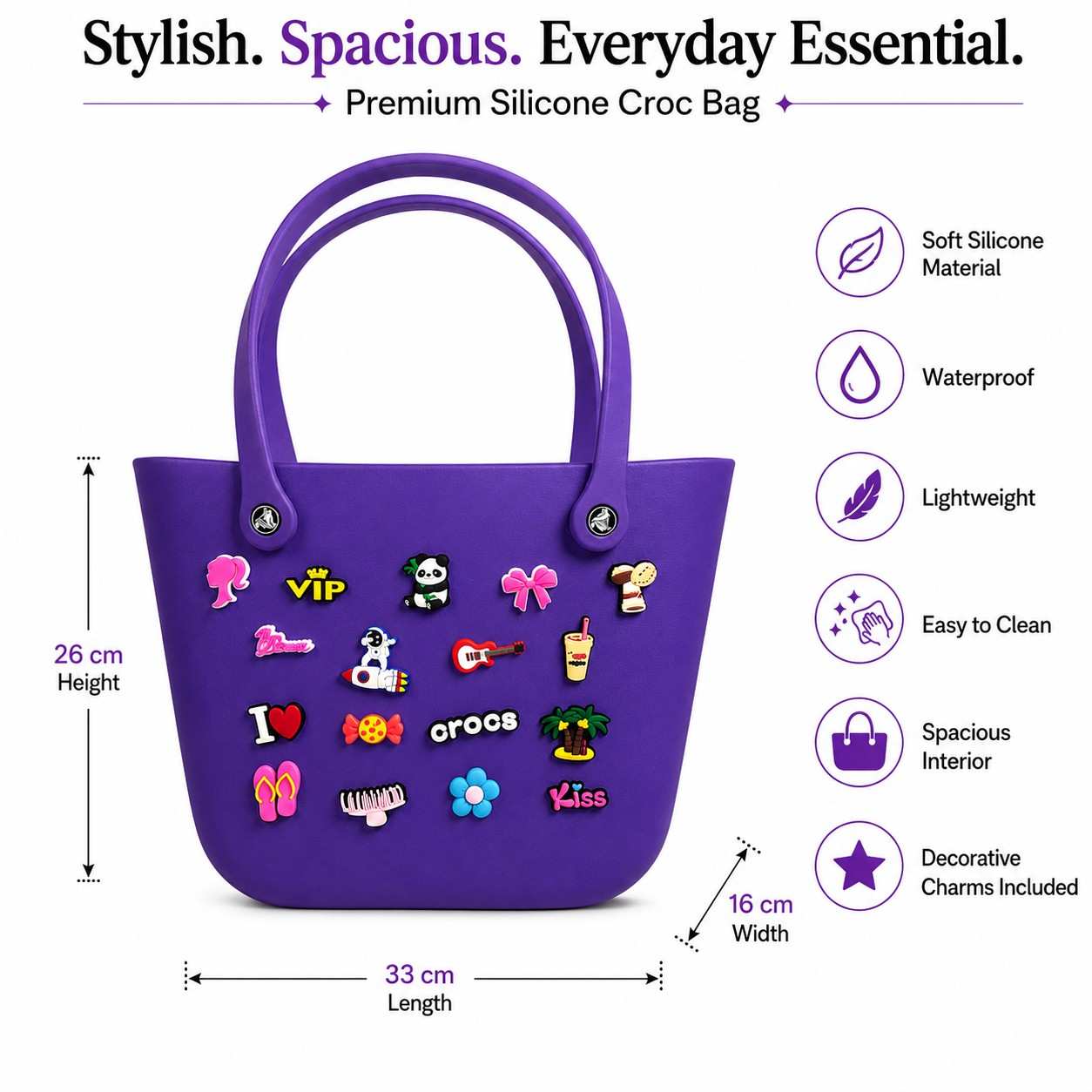 Silicone Croc Tote Bag with Decorative Charms for Girls & Women | Waterproof Lightweight Shoulder Handbag | 33 × 26 × 16 cm | Purple | Large