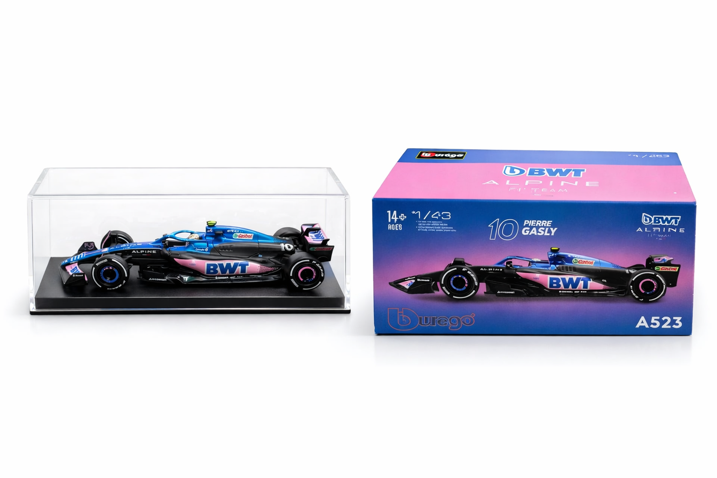 Bburago Alpine A523 F1 Diecast Model Car 1:43 Scale | Pierre Gasly #10 | BWT Formula 1 Collectible with Display Case