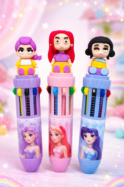 K POP Demon Hunters Multicolor 10-in-1 Retractable Pen Set with Cute Doll Topper | Cartoon Multi Ink Pen for Kids, School, Office & Gifts (Pack of 3)
