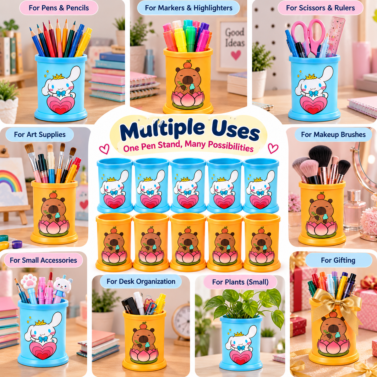 Cinnamoroll & Cute Bear Pen Stand Set of 10 Pieces, Colorful Plastic Pencil Holder & Desk Organizer for Kids, School & Stationery( Cod Not Available)