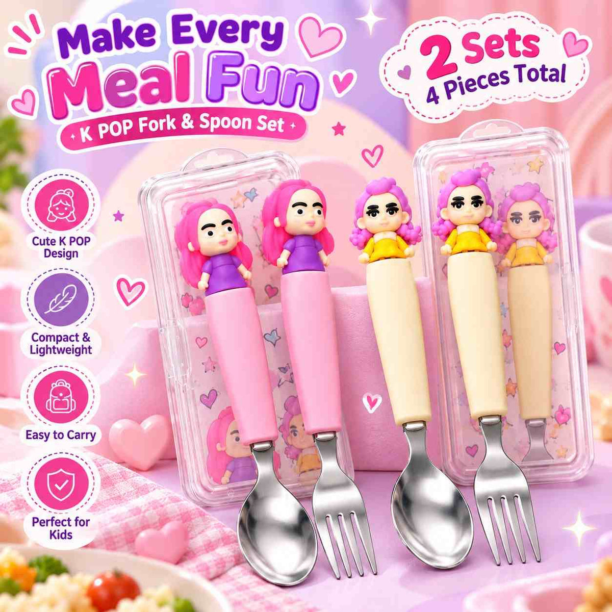 K POP Demon Hunters Spoon & Fork Set for Kids – 2 Sets, 4 Pieces with Cute Character Handles & Stainless Steel Cutlery