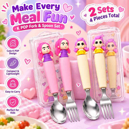 K POP Demon Hunters Spoon & Fork Set for Kids – 2 Sets, 4 Pieces with Cute Character Handles & Stainless Steel Cutlery