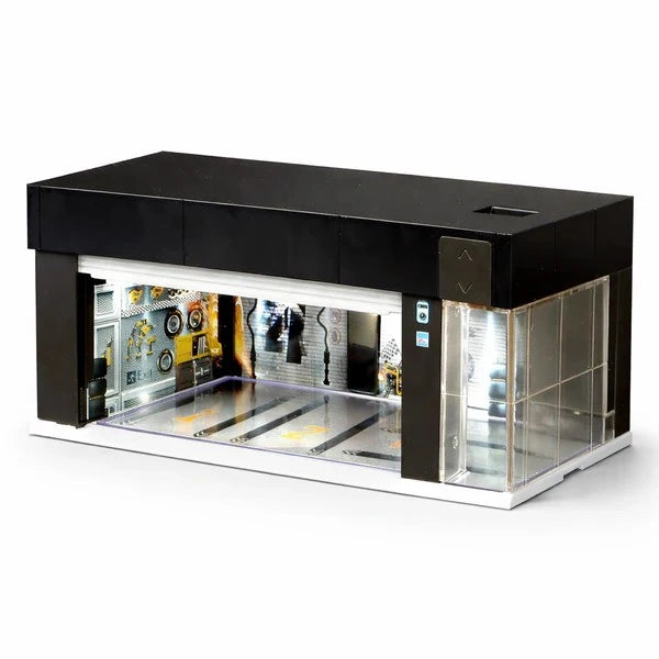 Diecast Car Display Garage 1:64 Scale with LED Lighting & Voice Control | Stackable Storage Case with 3 Changeable Diorama Scenes (Black)