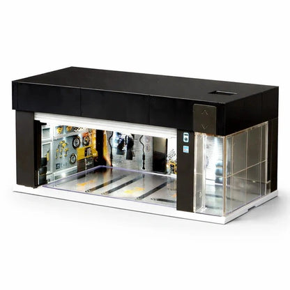 Diecast Car Display Garage 1:64 Scale with LED Lighting & Voice Control | Stackable Storage Case with 3 Changeable Diorama Scenes (Black)