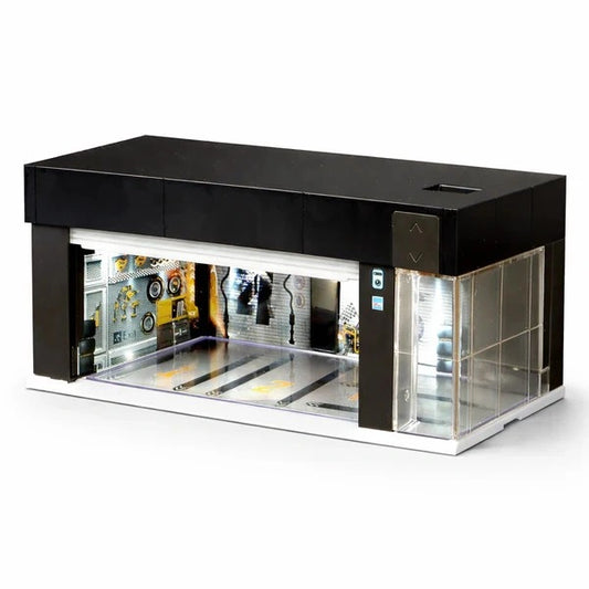 Diecast Car Display Garage 1:64 Scale with LED Lighting & Voice Control | Stackable Storage Case with 3 Changeable Diorama Scenes (Black)