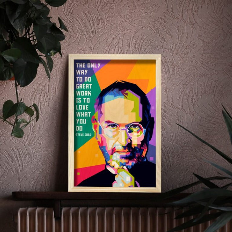 Steve WPAP Wood Print with Frame | 12x8 inch - 3 mm wood with natural pine wood frame | Ink Infused into the Wood | 3 mm wood with natural pine wood frame | Famous Personality |