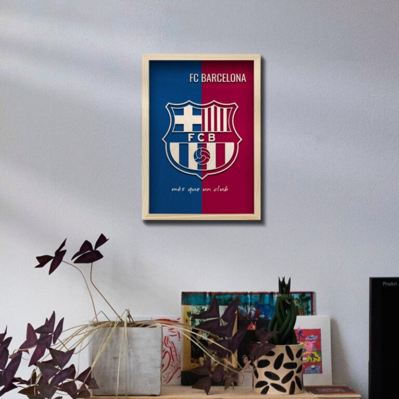 FC Barcelona Wooden 3D Artwork with Frame | 12x8 inch - 3 mm back wood and 3mm natural wood for the front design with natural pine wood frame | Ink Infused into the Wood | Soccer ; FCB ; FC Barcelona |