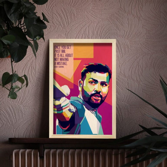 Rohit Sharma (The Hitman) Wood Print with Frame | 12x8 inch - 3 mm wood with natural pine wood frame | Ink Infused into the Wood | 3 mm wood with natural pine wood frame | Cricket ; Indian Team ; Bleed Blue |