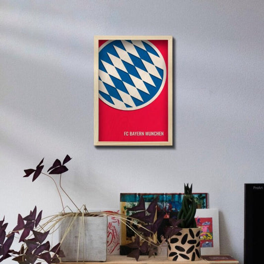 FC Bayern Munich Wooden 3D Artwork with Frame | 12x8 inch - 3 mm back wood and 3mm natural wood for the front design with natural pine wood frame | Ink Infused into the Wood | Soccer ; German ; FC Bayern |