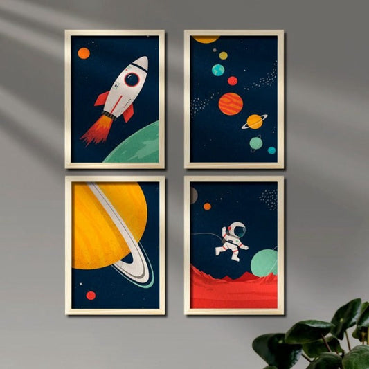 Kids Room Astronaut Wall Art with Frame | 30x20 cms - 3 mm back wood with natural pine wood frame | Ink Infused into the Wood | Kids Room Décor ; Space |