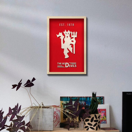 Manchester United (The Red Devils) Wooden 3D Artwork with Frame | 12x8 inch - 3 mm back wood and 3mm natural wood for the front design with natural pine wood frame | Ink Infused into the Wood | Soccer ; Man United ; The Red Devils |