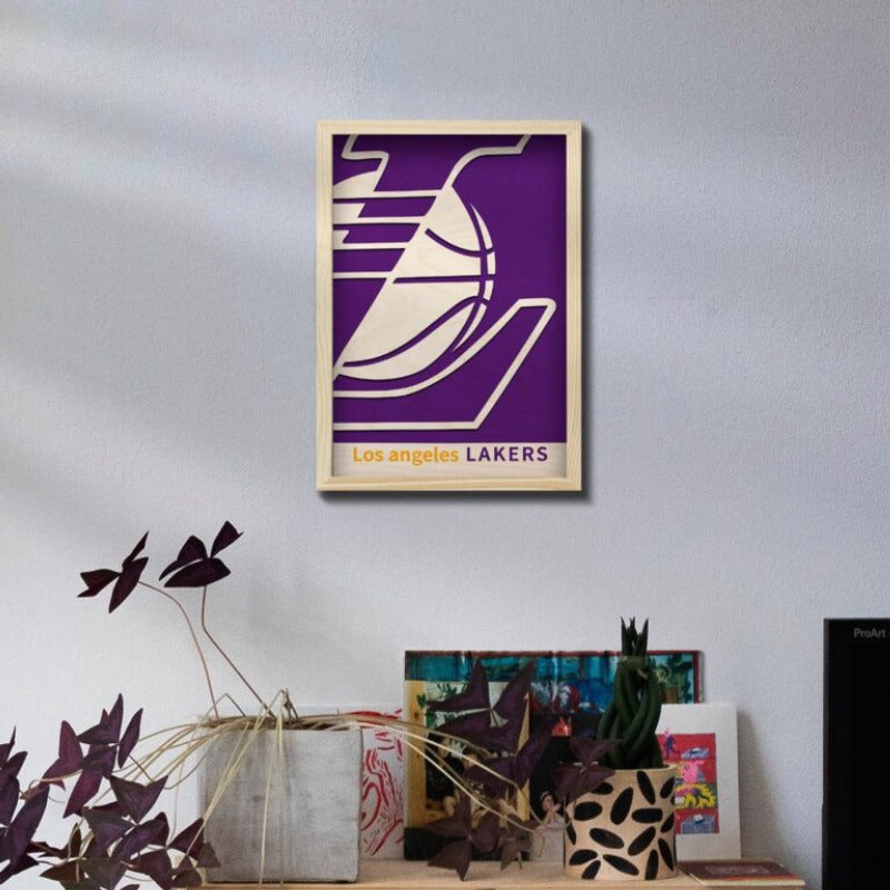 Los Angeles Lakers Wooden 3D Artwork with Frame | 12x8 inch - 3 mm back wood and 3mm natural wood for the front design with natural pine wood frame | Ink Infused into the Wood | Basketball ; NBA ; LA Lakers|