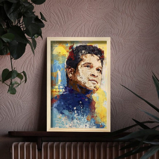 Sachin Tendulkar (The God) Wood Print with Frame | 12x8 inch - 3 mm wood with natural pine wood frame | Ink Infused into the Wood | 3 mm wood with natural pine wood frame | Cricket ; Indian Team ; Bleed Blue |