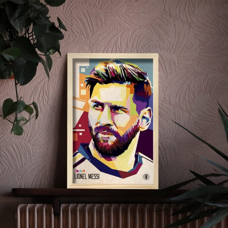 Lionel Messi (La Pulga) WPAP Wood Print with Frame | 12x8 inch - 3 mm wood with natural pine wood frame | Ink Infused into the Wood | 3 mm wood with natural pine wood frame | Soccer ; PSG ; Argentina |