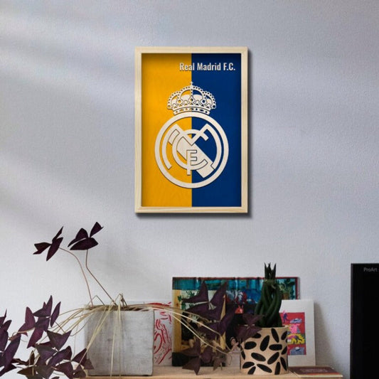 Real Madrid Wooden 3D Artwork with Frame | 12x8 inch - 3 mm back wood and 3mm natural wood for the front design with natural pine wood frame | Ink Infused into the Wood | Soccer ; Real Madrid ; Belgium |