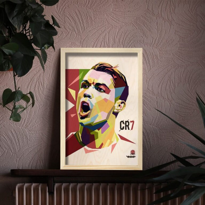 Cristiano Ronaldo WPAP Wood Print with Frame | 12x8 inch - 3 mm wood with natural pine wood frame | Ink Infused into the Wood | 3 mm wood with natural pine wood frame | Soccer ; PSG ; Argentina |