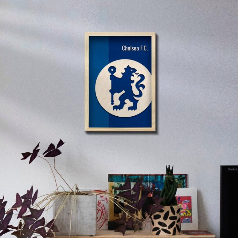 Chelsea Wooden 3D Artwork with Frame | 12x8 inch - 3 mm back wood and 3mm natural wood for the front design with natural pine wood frame | Ink Infused into the Wood | Soccer ; Chelsea ; The Blues |