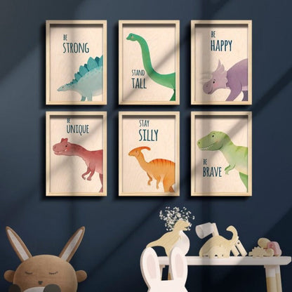 Kids Room Dinosaur Wall Art with Frame | 30x20 cms - 3 mm back wood with natural pine wood frame | Ink Infused into the Wood | Kids Room Décor ; Dino |