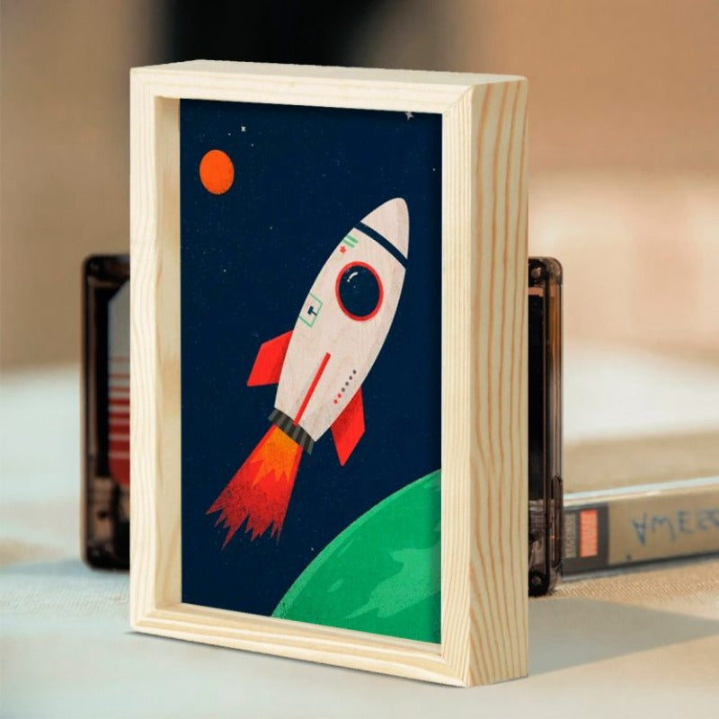 Kids Room Astronaut Wall Art with Frame | 30x20 cms - 3 mm back wood with natural pine wood frame | Ink Infused into the Wood | Kids Room Décor ; Space |