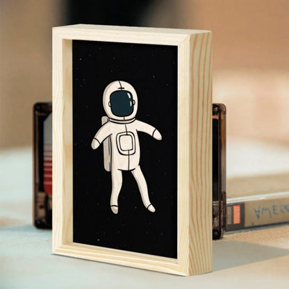 Kids Room Astronaut Black White Wall Art with Frame | 30x20 cms - 3 mm back wood with natural pine wood frame | Ink Infused into the Wood | Kids Room Décor ; Space |