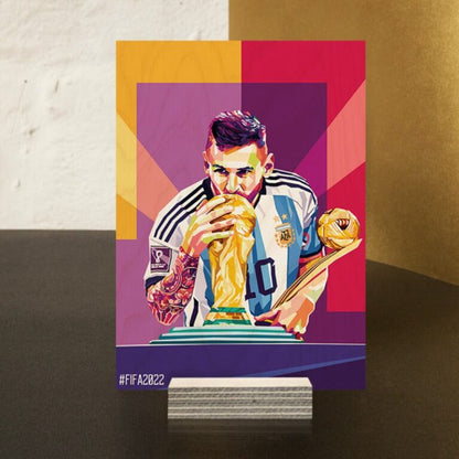 Lionel Messi (La Pulga) World Cup Trophy Moment Wood Print | Ink Infused into the Wood | Soccer ; PSG ; Argentina |