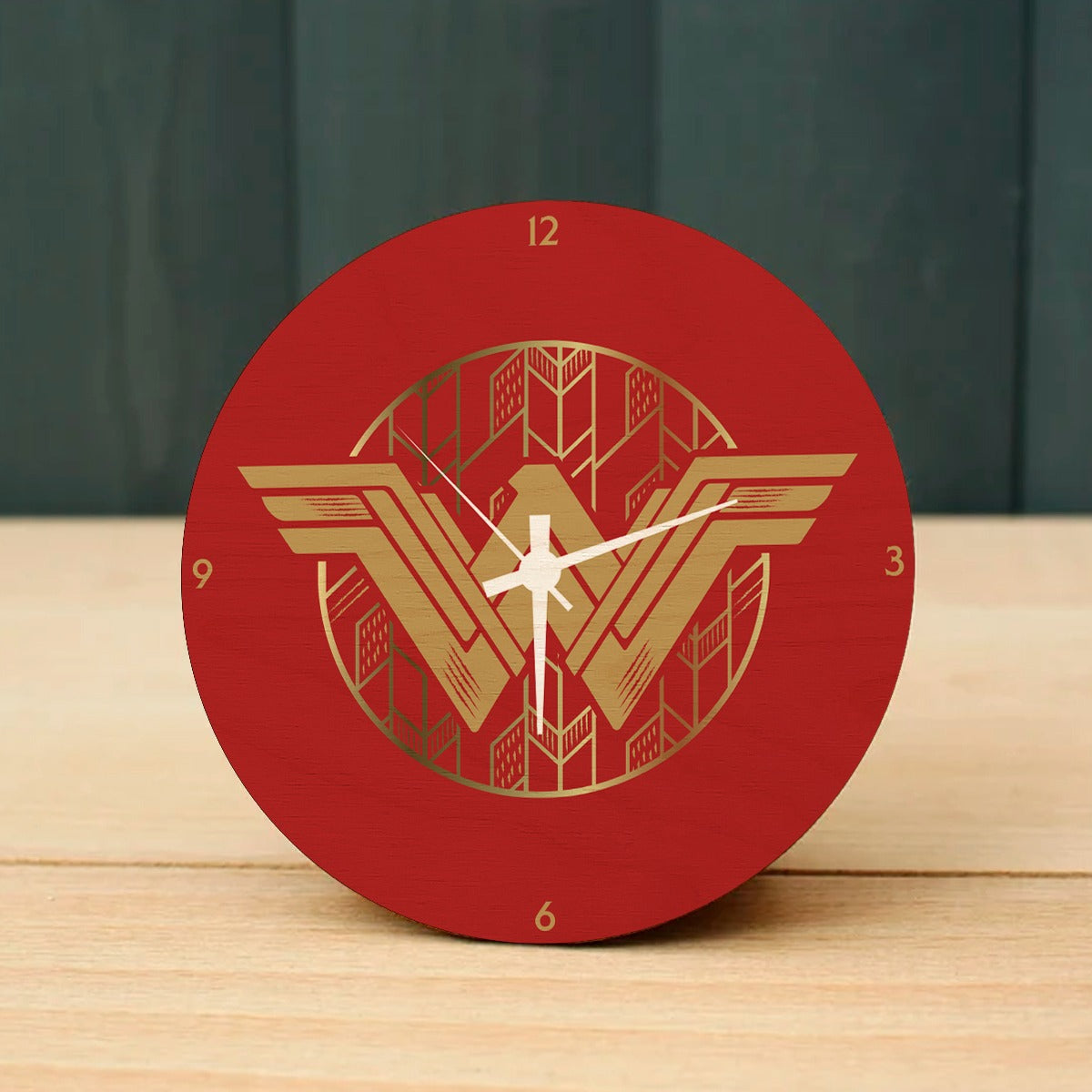 Wonder Women Wooden Table Clock on Premium Plywood | Ink Infused into the Wood | 6 x 6 inches with table stand ; 1 AA battery | DC ; Justice League |