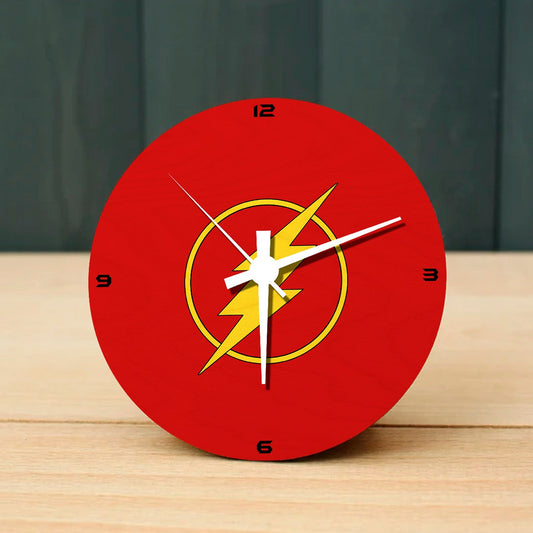 Flash Wooden Table Clock on Premium Plywood | Ink Infused into the Wood | 6 x 6 inches with table stand ; 1 AA battery | DC ; Justice League |