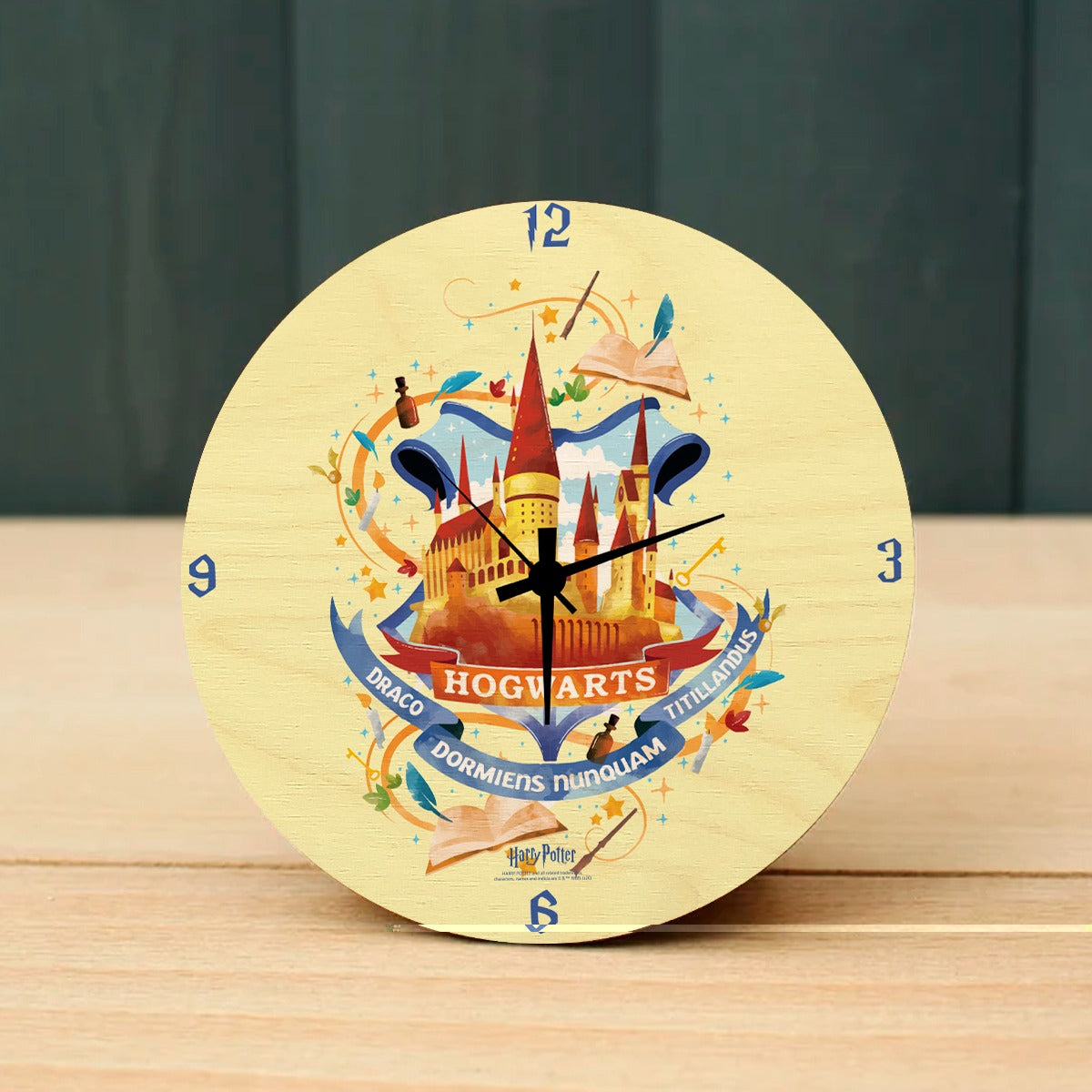 Harry Potter Hogwarts Castel Wooden Table Clock on Premium Plywood | Ink Infused into the Wood | 6 x 6 inches with table stand ; 1 AA battery | Fantasy Novel ; Harry Potter |