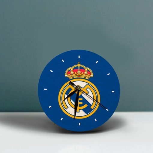 Real Madrid Wooden Table Clock on Premium Plywood | Ink Infused into the Wood | 6 x 6 inches with table stand ; 1 AA battery | Soccer ; Real Madrid ; Belgium |