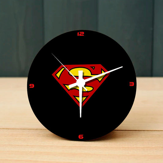 Super Man Wooden Table Clock on Premium Plywood | Ink Infused into the Wood | 6 x 6 inches with table stand ; 1 AA battery | DC ; Justice League |