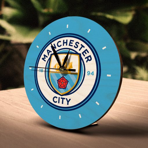 Manchester City Wooden Table Clock on Premium Plywood | Ink Infused into the Wood | 6 x 6 inches with table stand ; 1 AA battery | Soccer ; Manchester ; The Sky Blues |