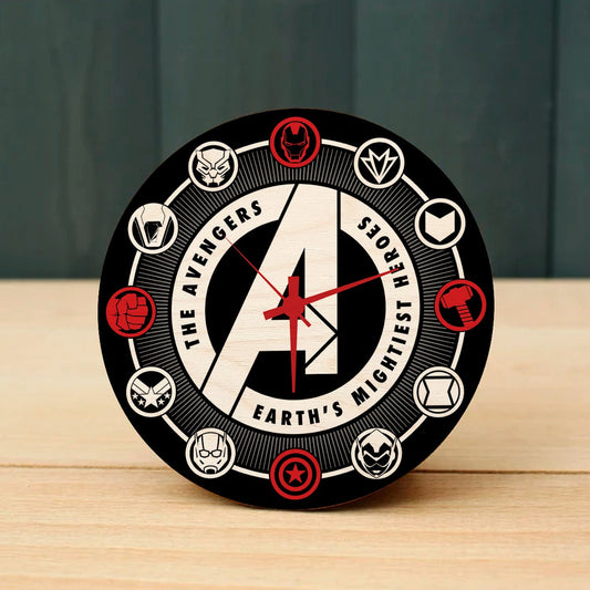 Avengers Black (All Icons) Wooden Table Clock on Premium Plywood | Ink Infused into the Wood | 6 x 6 inches with table stand ; 1 AA battery | MCU ; Avengers |