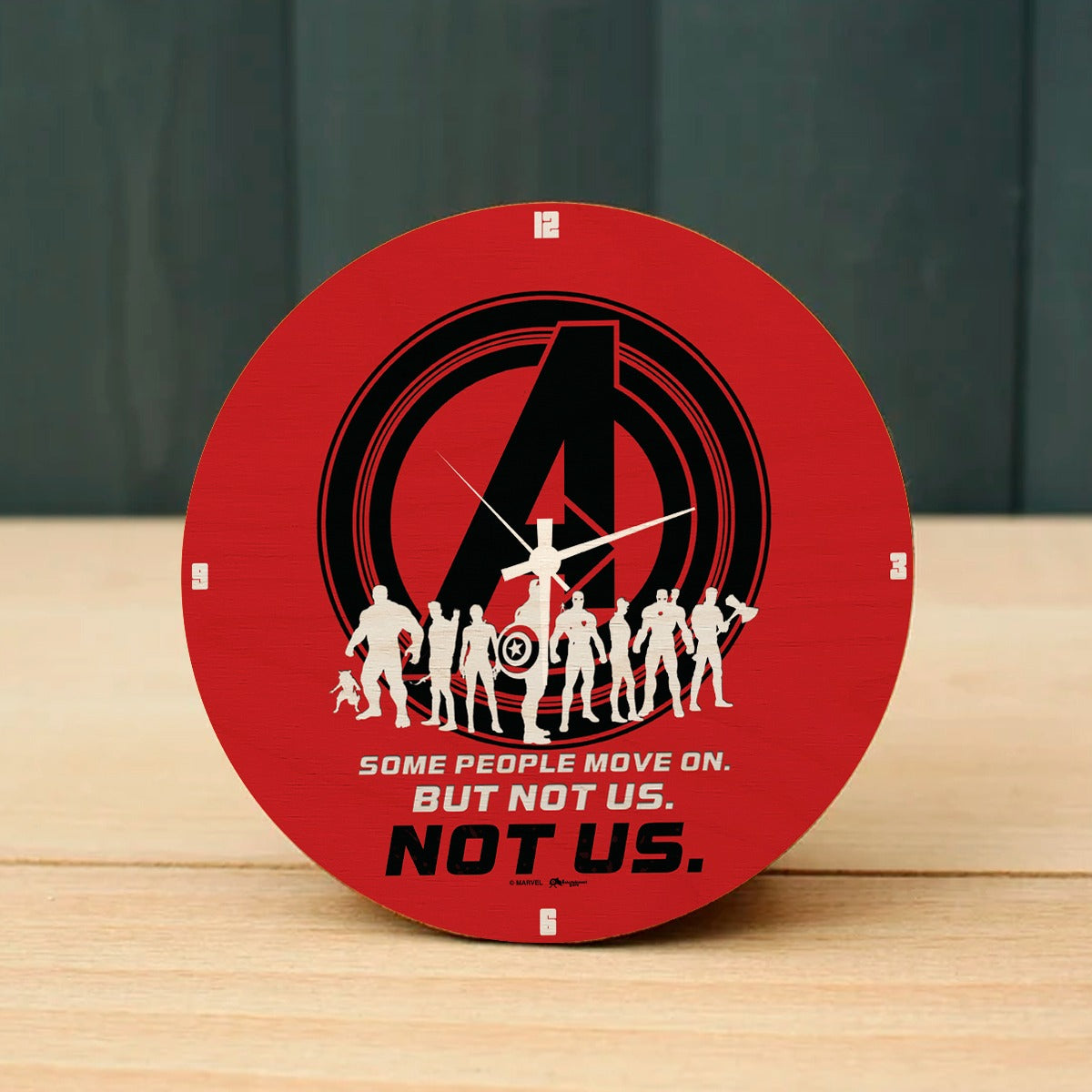 Avengers Red Wooden Table Clock on Premium Plywood | Ink Infused into the Wood | 6 x 6 inches with table stand ; 1 AA battery | MCU ; Avengers |