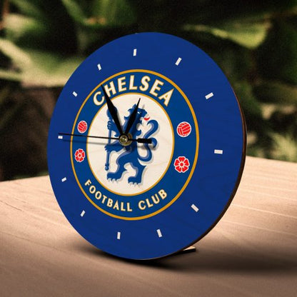 Chelsea Wooden Table Clock on Premium Plywood | Ink Infused into the Wood | 6 x 6 inches with table stand ; 1 AA battery | Soccer ; Chelsea ; The Blues |