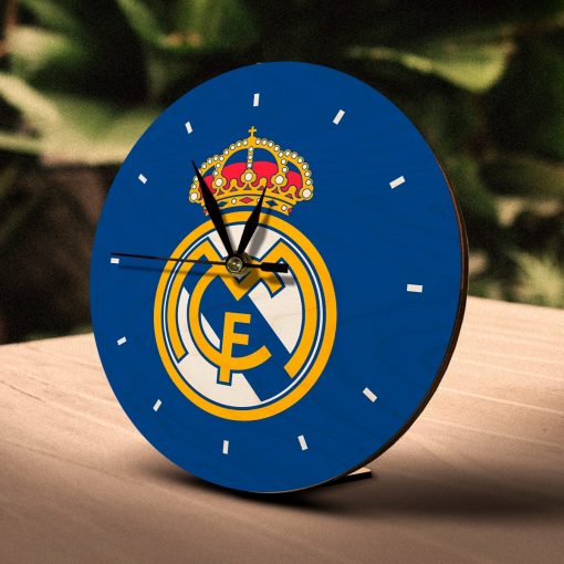 Real Madrid Wooden Table Clock on Premium Plywood | Ink Infused into the Wood | 6 x 6 inches with table stand ; 1 AA battery | Soccer ; Real Madrid ; Belgium |