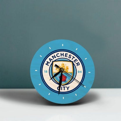 Manchester City Wooden Table Clock on Premium Plywood | Ink Infused into the Wood | 6 x 6 inches with table stand ; 1 AA battery | Soccer ; Manchester ; The Sky Blues |