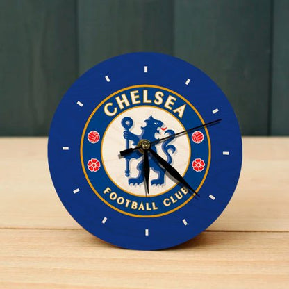 Chelsea Wooden Table Clock on Premium Plywood | Ink Infused into the Wood | 6 x 6 inches with table stand ; 1 AA battery | Soccer ; Chelsea ; The Blues |