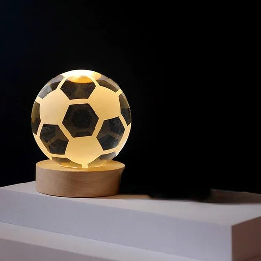 "Football / Soccer" 3D Crystal Ball Luminous Lamp with Wooden Base | 3D laser engraving inside crystal ball | Warm White Light |