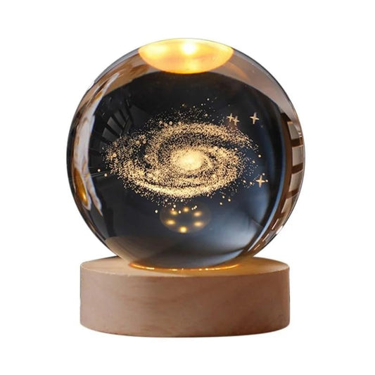 Milky Way / Galaxy" 3D Crystal Ball Luminous Lamp with Wooden Base | 3D laser engraving inside crystal ball | Warm White Light |