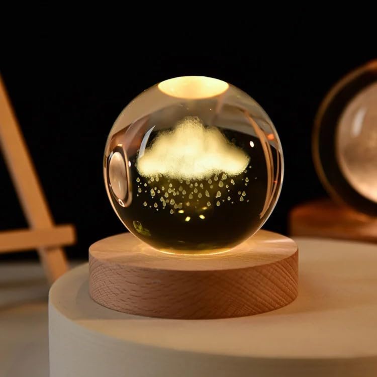 Raining Clouds 3D Crystal Ball Luminous Lamp with Wooden Base | 3D laser engraving inside crystal ball | Warm White Light |