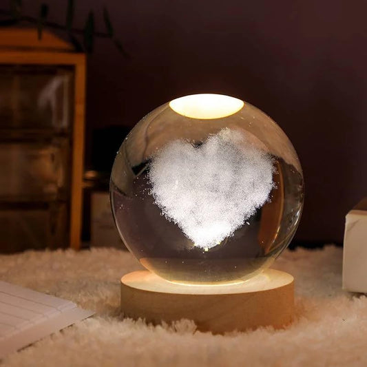 Love Clouds 3D Crystal Ball Luminous Lamp with Wooden Base | 3D laser engraving inside crystal ball | Warm White Light |