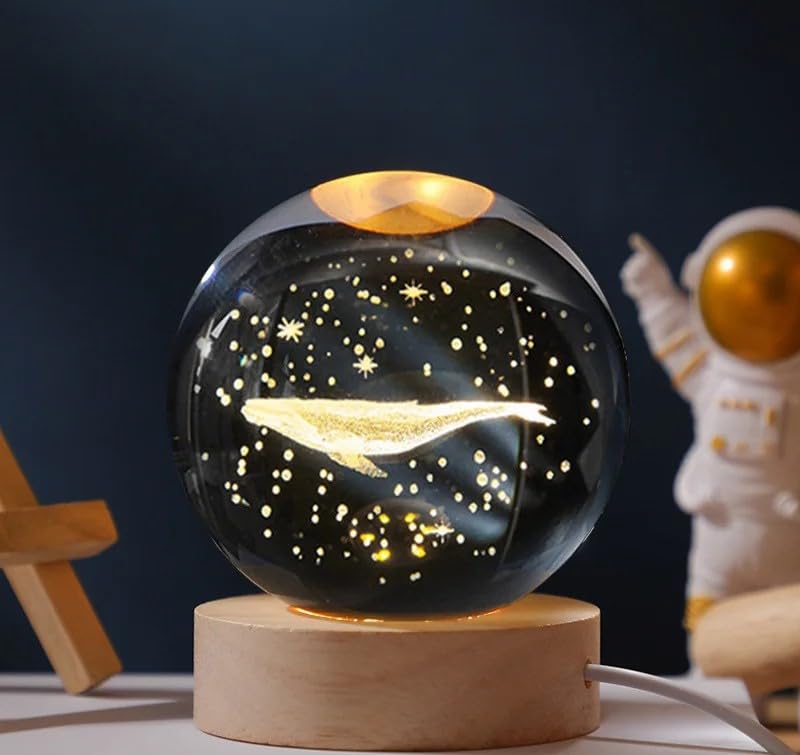 Blue Whale 3D Crystal Ball Luminous Lamp with Wooden Base | 3D laser engraving inside crystal ball | Warm White Light |