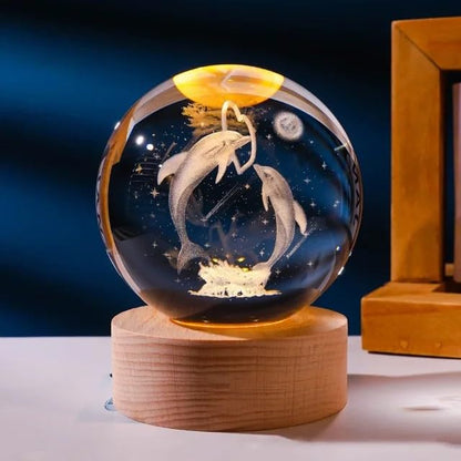 Love Dolphin 3D Crystal Ball Luminous Lamp with Wooden Base | 3D laser engraving inside crystal ball | Warm White Light |