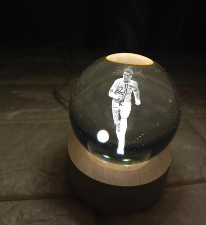 Cristiano Ronaldo - CR7" 3D Crystal Ball Luminous Lamp with Wooden Base | 3D laser engraving inside crystal ball | Warm White Light |