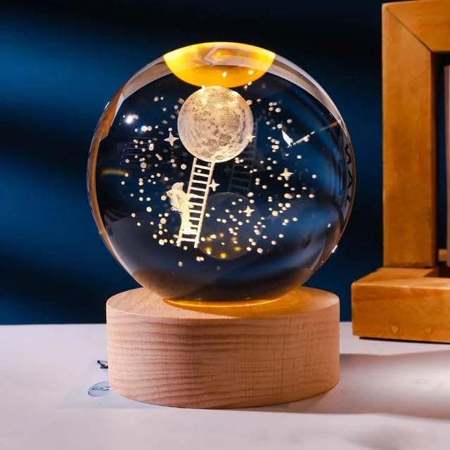 Astronaut to the Moon 3D Crystal Ball Luminous Lamp with Wooden Base | 3D laser engraving inside crystal ball | Warm White Light |