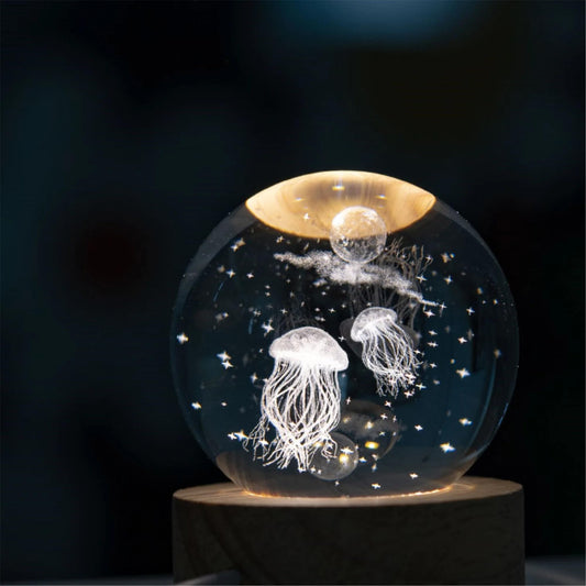 Jellyfish 3D Crystal Ball Luminous Lamp with Wooden Base | 3D laser engraving inside crystal ball | Warm White Light |