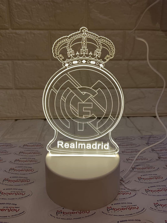 Real Madrid Football Club 3D Acrylic Night LED Light with USB plugin Base | Size: 20 cm | USB wire included ; No Adapter |