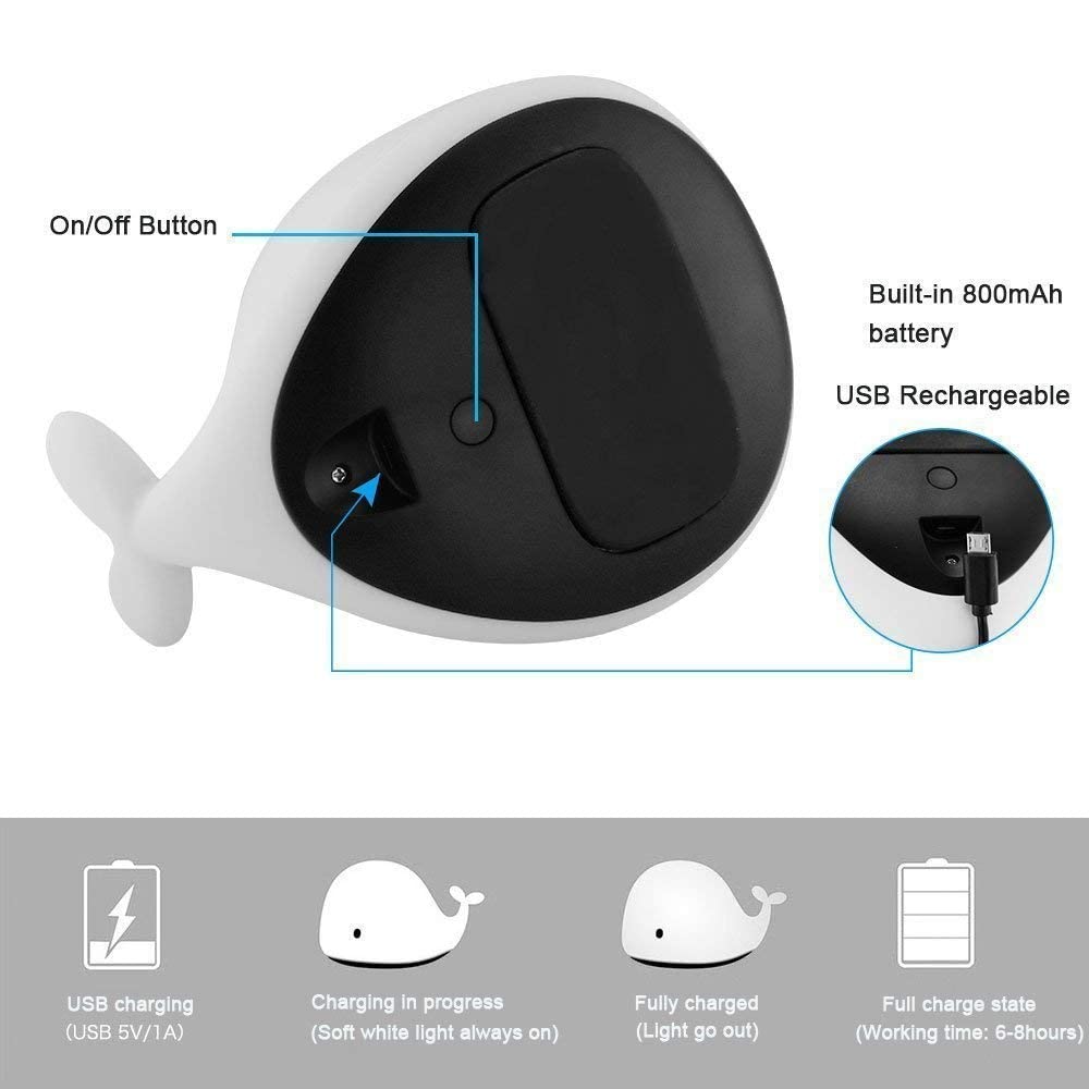 Whale Silicone Touch Colour Changing LED Lamp | USB Rechargeable | Batteries not Required | 14.6 x 11 x 9.6 cm | 5 Colorful Light Mode | Soft Silicone |