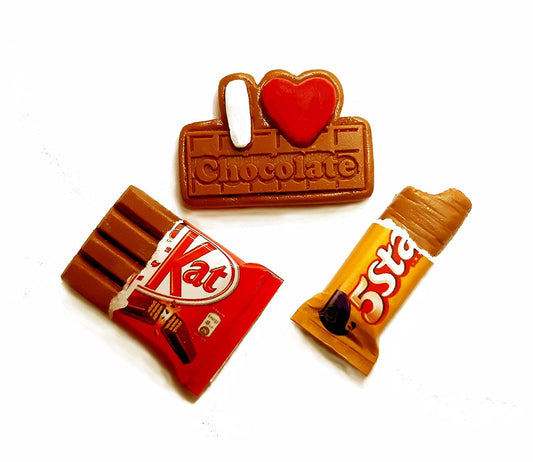 Choco Lovers (Kitkat, 5 Star, I Love Chocolate) 3D Fridge Magnet | Set of 3 | Souvenir Gift | Made of Ceramic | Hand Painted | Made in India | Miniatures | Delicious Indian Foods |